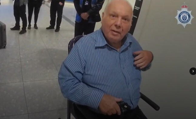 Undated handout screengrab taken from body worn video issued by Cheshire Constabulary of the arrest of Richard Burrows as soon as he landed at Heathrow last March. The former scout leader and school housemaster has been found guilty of numerous sexual offences against young boys after spending 27 years on the run using a stolen identity. Burrows, 80, was found guilty of 54 offences on Monday at Chester Crown Court, including indecent assault of boys, buggery, attempted buggery and indecency with a child. Issue date: Monday March 17, 2025. PA Photo. See PA story COURTS Burrows. Photo credit should read: Cheshire Constabulary/PA Wire NOTE TO EDITORS: This handout photo may only be used in for editorial reporting purposes for the contemporaneous illustration of events, things or the people in the image or facts mentioned in the caption. Reuse of the picture may require further permission from the copyright holder.