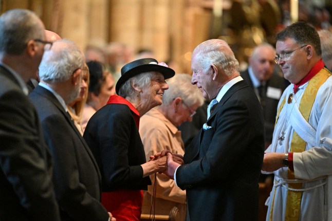 King Charles III speaks with a member of the congregation during the Royal Maundy Service at Durham Cathedral in Durham. Picture date: Thursday April 17, 2025. PA Photo. See PA story ROYAL Maundy. Photo credit should read: Anthony Devlin/PA Wire