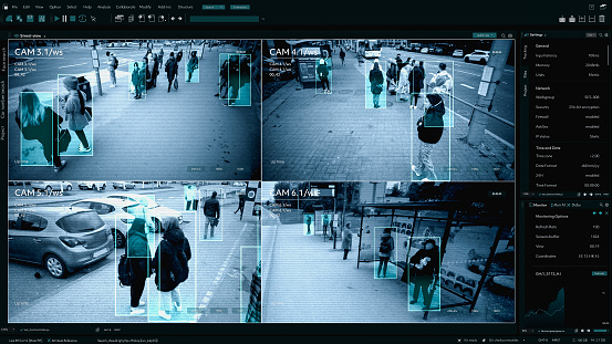 CCTV AI Facial Recognition Camera Authentificating People on Street. Security Camera Surveillance Footage Identity Scanning. Crowds of People Walking Safely on Big City Streets. Big Data AI Analytics