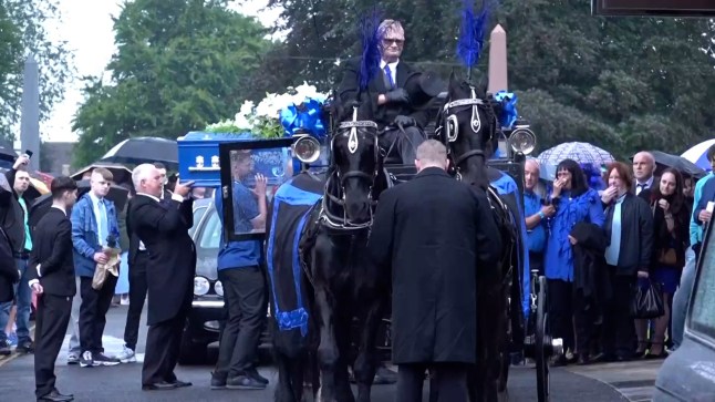 Screengrab taken from PA Video of the coffin of Jay Slater being carried into Accrington Cemetery Chapel in Lancashire, ahead of his funeral, after he died while on holiday in Tenerife in June. Picture date: Saturday August 10, 2024. PA Photo. See PA story FUNERAL Slater. Photo credit should read: Acacia Redding/PA Wire