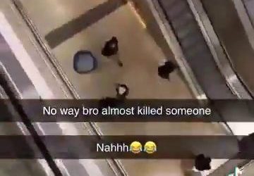 Moment Westfield shopper is nearly killed by 4ft-wide seat hurled by idiot yob from 3rd floor in horrifying footage