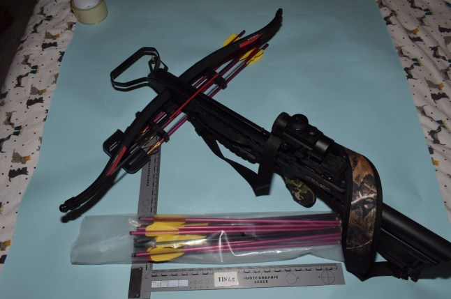 Undated handout photo issued by Counter Terrorism Policing North East of Christopher Ringrose's crossbow. Right-wing extremists Christopher Ringrose, Marco Pitzettu and Brogan Stewart have been found guilty at Sheffield Crown Court of planning terrorist attacks on mosques and synagogues. Issue date: Wednesday May 14, 2025. PA Photo. See PA story COURTS RightWing. Photo credit should read: Counter Terrorism Policing North East/PA Wire NOTE TO EDITORS: This handout photo may only be used for editorial reporting purposes for the contemporaneous illustration of events, things or the people in the image or facts mentioned in the caption. Reuse of the picture may require further permission from the copyright holder.
