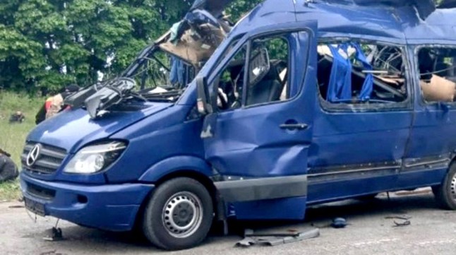 The bus was hit by a drone strike in the town of Bilopillia, on its way to to Sumy, Ukraine (Picture: Sumy Regional Military Administration)