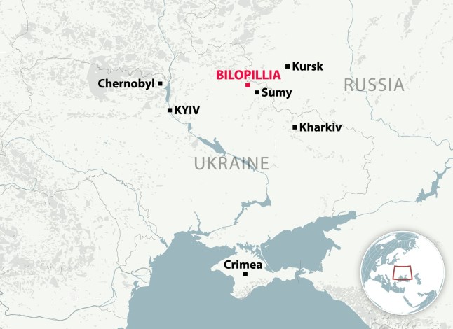 METRO GRAPHICS The bus was hit by a drone strike in the town of Bilopillia, on its way to to Sumy, Ukraine (Picture: datawrapper/metro.co.uk)