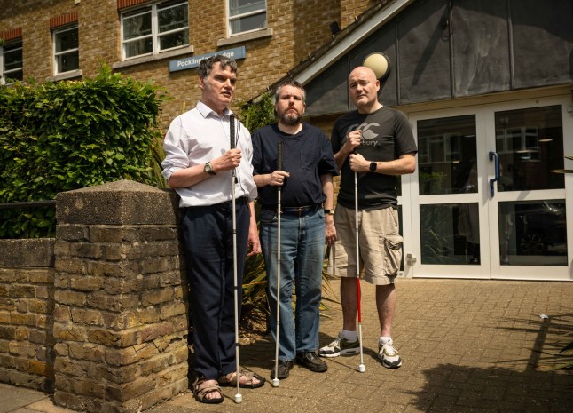 L to R Andrew Hodgson, Jim Lewis, and Steve Kitson are amongst the residents of Pocklington Lodge in Shepherd???s Bush, which houses all visually impaired residents. They fear they may have to move out as the Thomas Pocklington Trust (TPT) which owns it is considering selling the site. Byline John Nguyen/JNVisuals 20/05/2025