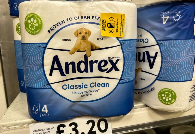Mandatory Credit: Photo by Dinendra Haria/LNP/REX/Shutterstock (14144829g) A security protection tag on a pack of Andrex toilet roll in Tesco express store in north London as the cost of living crisis sees an increase in shoplifting cases. The Office for National Statistics (ONS) has reported a 24 per cent rise in shoplifting cases in England and Wales over the past year. Tesco store puts security tags on items to prevent shoplifting, London, UK - 11 Oct 2023